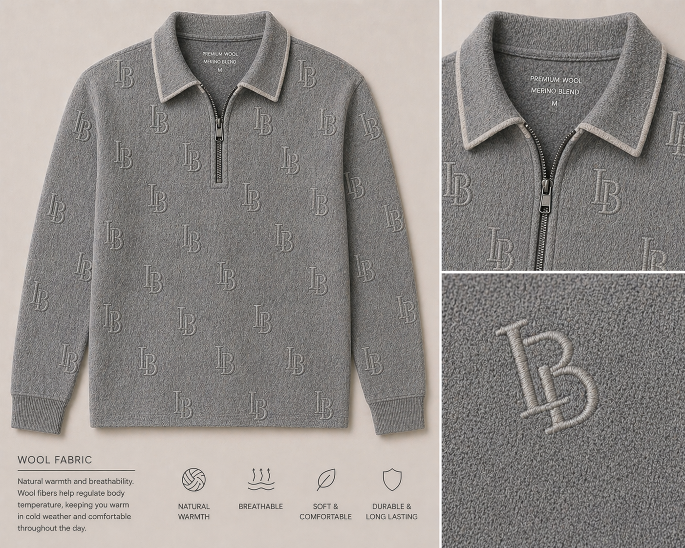 LBD Cloud Grey Monogram Quarter Zip